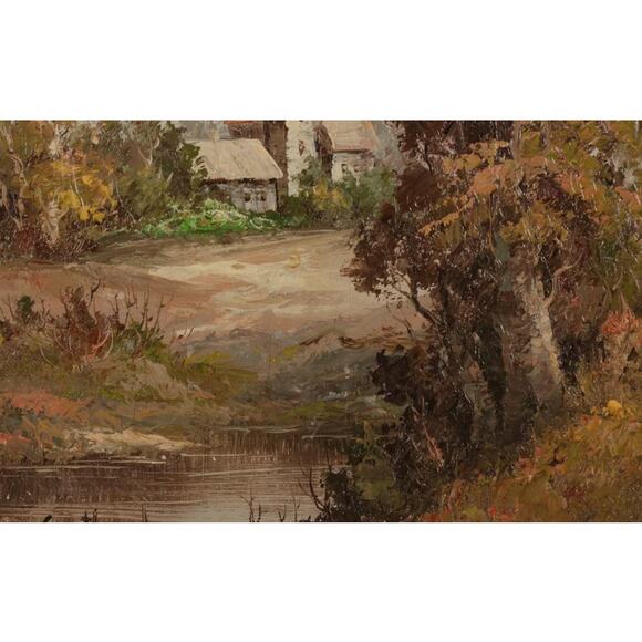 Oil Painting of Rural Pond and Distant Cottages, Mid-Late 20th Century - Picture 6 of 7